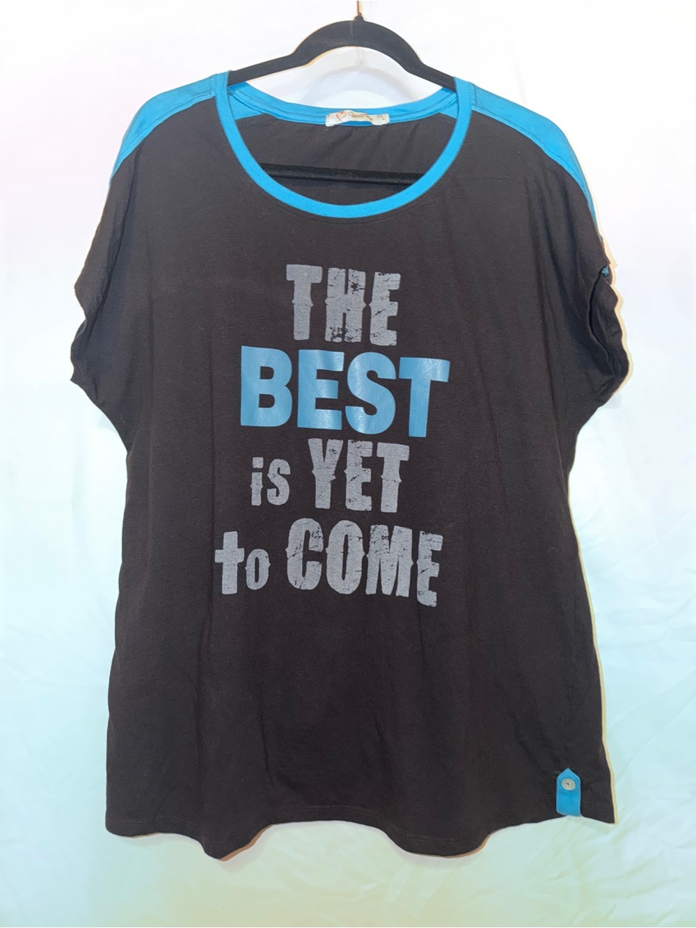 Women's Black Short Sleeve Tee with Blue Graphic - Motivational Crew Neck